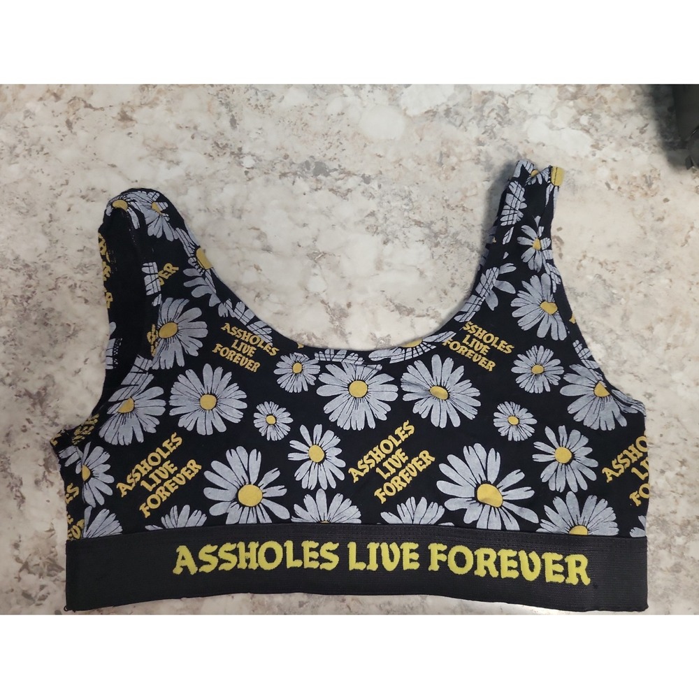 Assho**s Live Forever Floral Sports Bra XL Black/White/Yellow Wireless Pullover